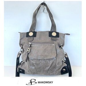 B. MAKOWSKY Gray Soft Black Shiny Crackled Leather Large Shoulder Bag Satchel